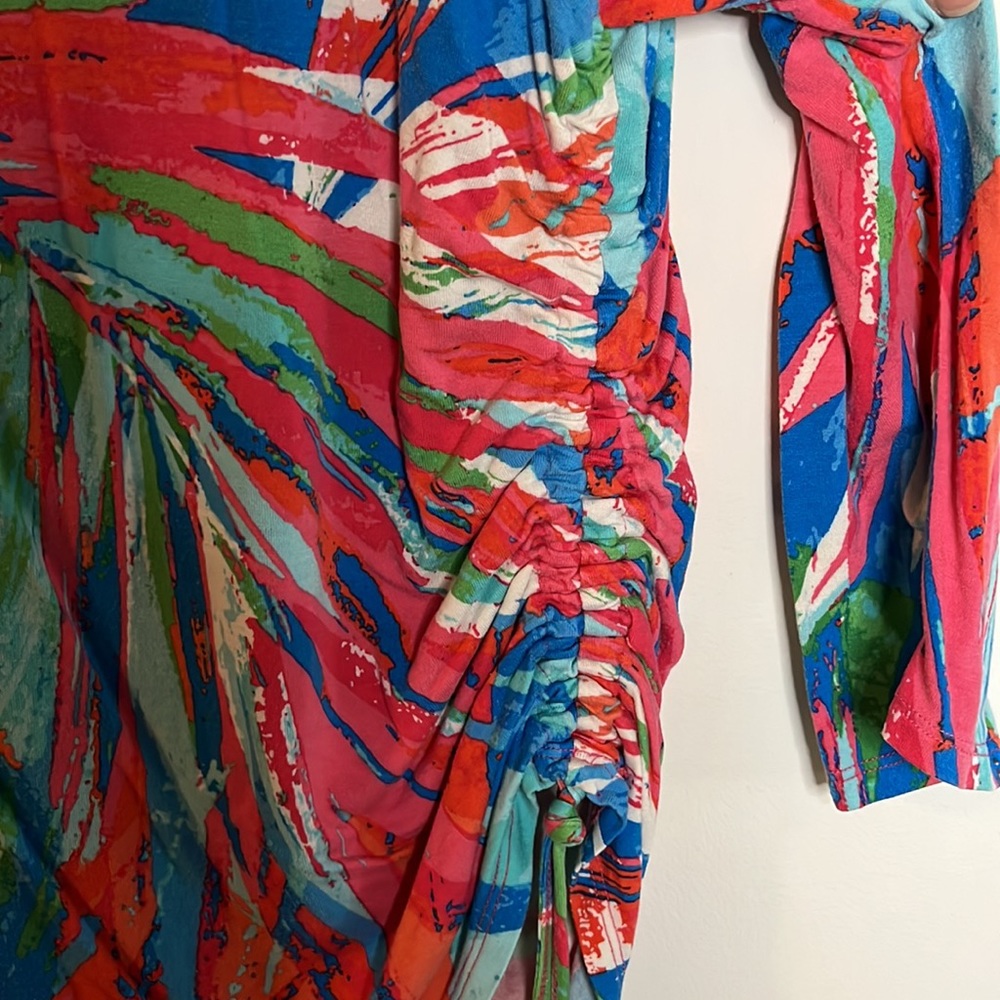 Ruby Rd. Tropical Abstract Print Ruched 3/4 Sleeve Knit Top Size L - Picture 3 of 5